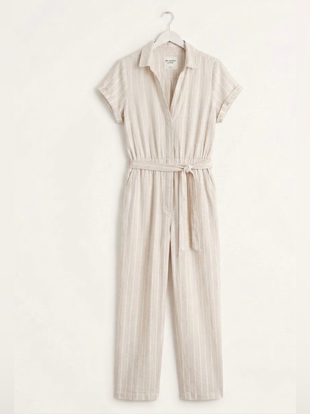 Abercrombie & Fitch Striped Linen Blend Jumpsuit XL Beige Short Sleeve Coastal